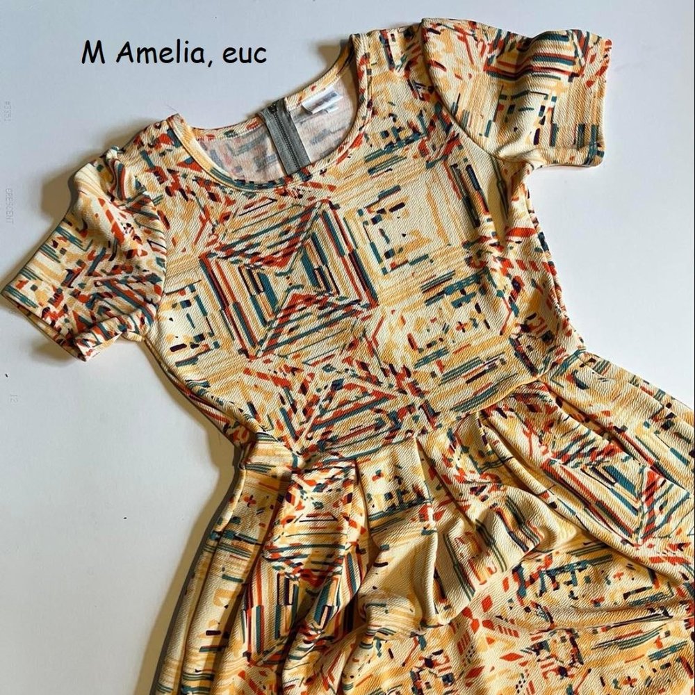 Medium Lularoe Amelia Dress, yellow with lines